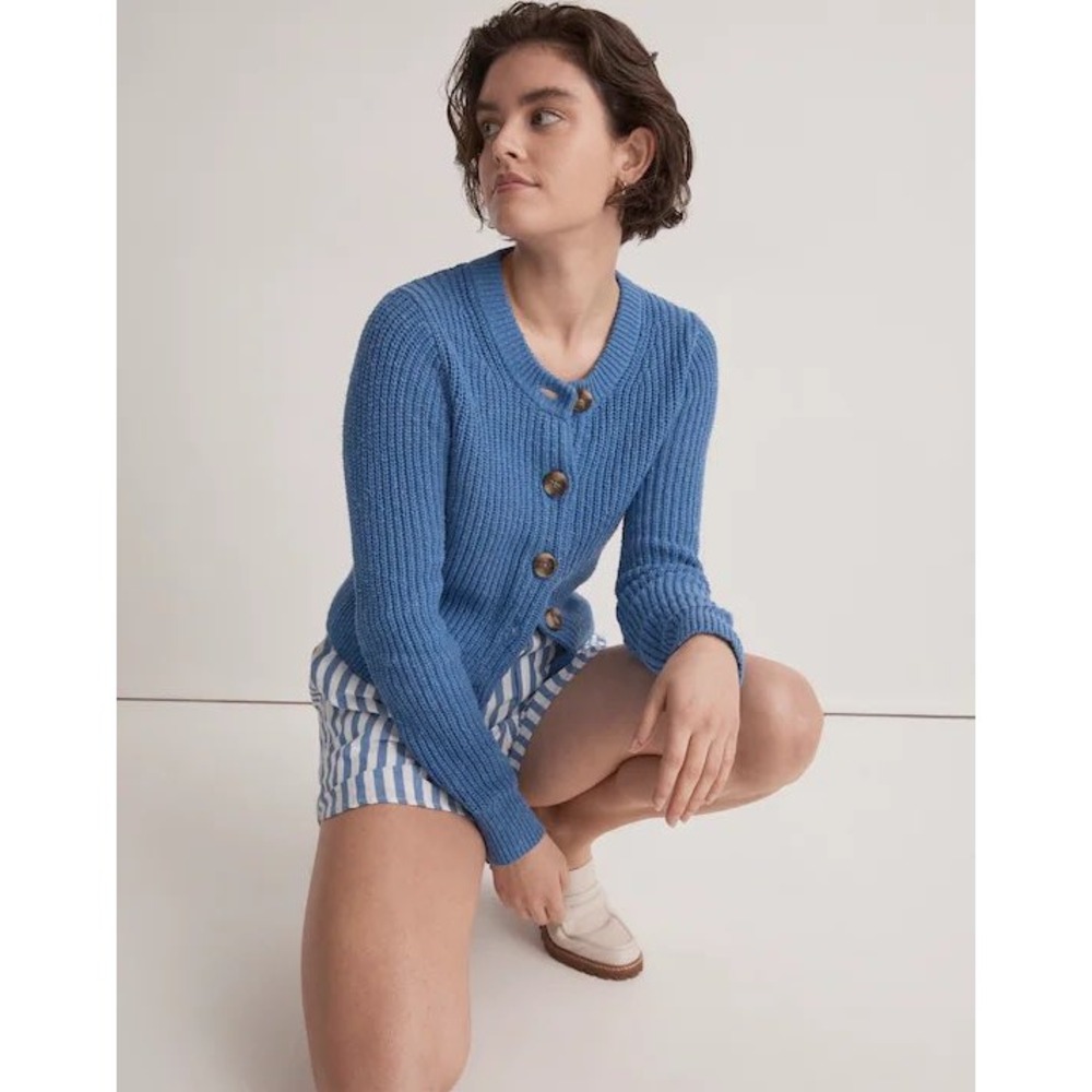 Madewell Textural-Knit Cardigan Sweater Blue Cotton Ribbed XS CKP471001454